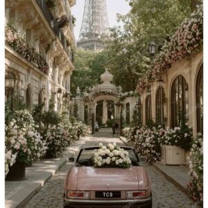 Romantic Pink Car with Flowers in Paris Street and Eiffel Tower View