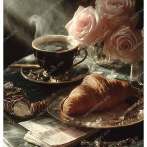 Morning Opulence: Parisian Coffee, Cash & Croissant Elegance