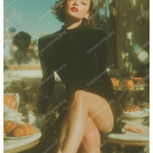 Elegant Parisian Model at Café with Croissants