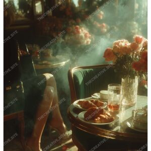 Morning Light at Paris Café: Croissants & Roses