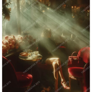Dramatic Sunbeams in Paris Café with Croissant & Roses
