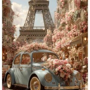 Floral Vintage Car and Eiffel Tower in Paris Street