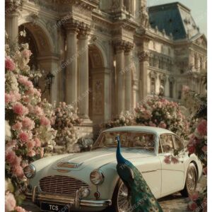 Floral Vintage Car in Greenland Paris with Louvre Museum View