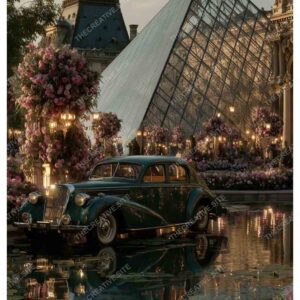Floral Vintage Car in Greenland Paris with Louvre Museum View