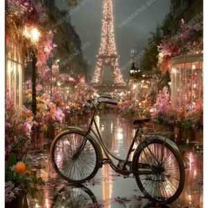 Bicycle in Front of Eiffel Tower with Paris Night Lights