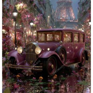 Pink Vintage Car in Front of Eiffel Tower with Paris Night Lights