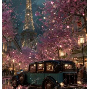 Vintage Car in Front of Eiffel Tower with Paris Night Lights