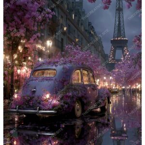 Car with Flowers in Rainy Paris Night under Eiffel Tower Lights