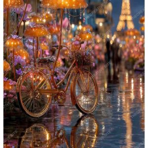 Magical Paris Night with Golden Bicycle and Glowing Umbrellas