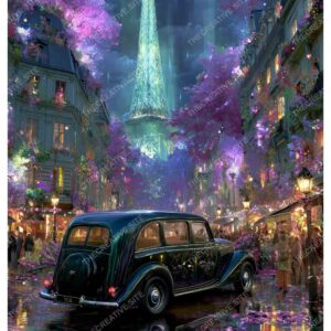 Vintage Car in Neon Paris Night with Glowing Eiffel Tower