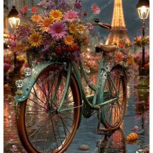 Floral Bicycle in Front of Eiffel Tower with Rainy Paris Night Lights