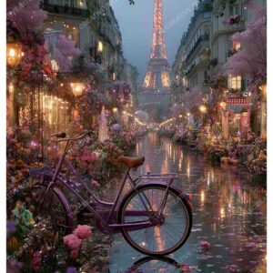 Floral Bicycle in Front of Eiffel Tower with Rainy Paris Night Lights