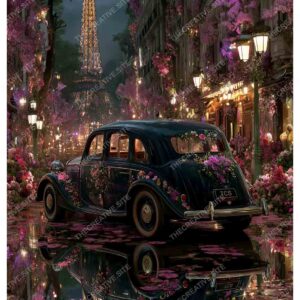Vintage Car with Flowers in Front of Eiffel Tower on Rainy Paris Night