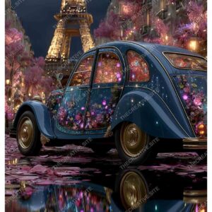 Vintage Car with Flowers in Front of Eiffel Tower on Rainy Paris Night