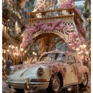 Vintage Car with Flowers in Front of Eiffel Tower on Rainy Paris Night
