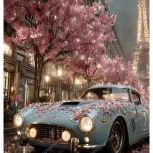 Vintage Car with Flowers in Front of Eiffel Tower on Rainy Paris Night