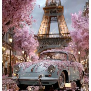 Vintage Car with Flowers in Front of Eiffel Tower on Rainy Paris Night