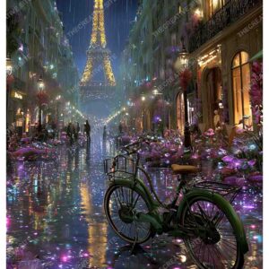 Bicycle in Front of Eiffel Tower with Paris Night Lights
