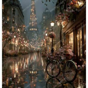 Bicycle in Front of Eiffel Tower with Paris Night Lights