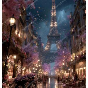 Bicycle in Front of Eiffel Tower with Paris Night Lights