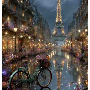 Bicycle in Front of Eiffel Tower with Paris Night Lights