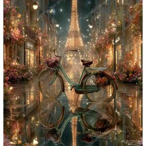Bicycle in Front of Eiffel Tower with Paris Night Lights