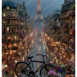 Bicycle in Front of Eiffel Tower with Paris Night Lights