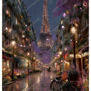 Bicycle in Front of Eiffel Tower with Paris Night Lights